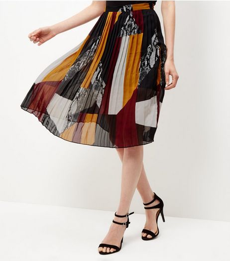 Burgundy Patchwork Pleated Midi Skirt | New Look