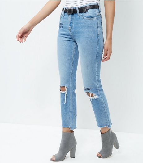 Blue Embroidered Slogan Ripped Knee Straight Leg Jeans | New Look