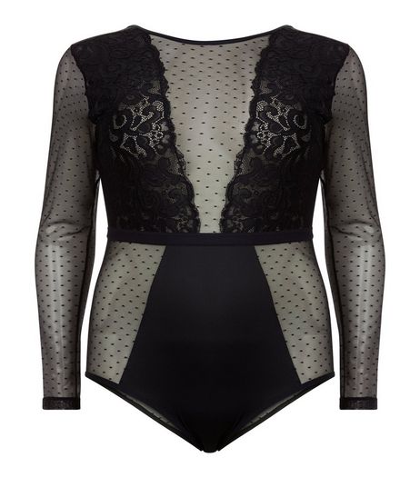 Curves Black Lace Mesh Panel Bodysuit | New Look