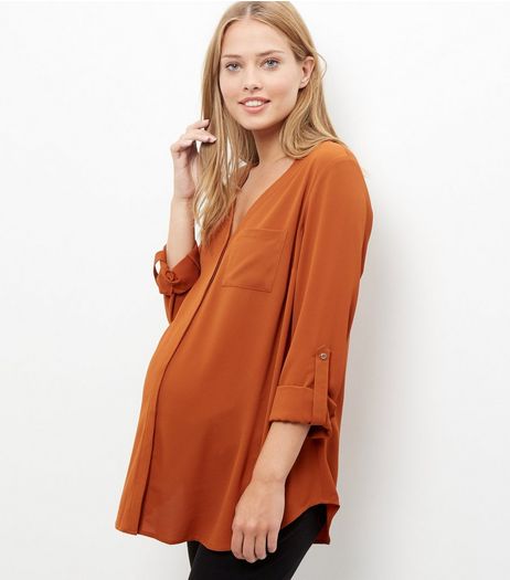 Maternity Rust Bubble Texture V Neck Roll Sleeve Shirt | New Look