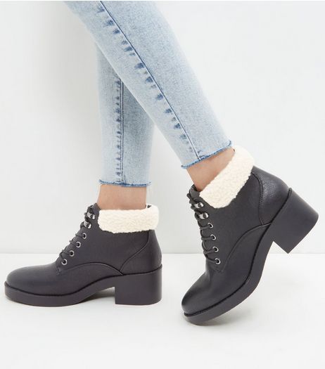 Black Shearling Top Lace Up Boots | New Look