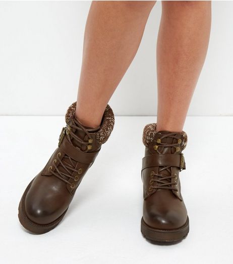Dark Brown Leather-Look Knitted Trim Boots | New Look