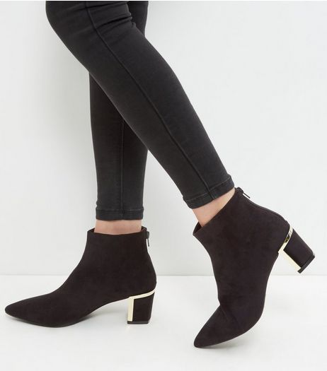 Black Metal Trim Suedette Block Heel Ankle Boots | New Look