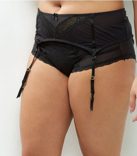 Curves Black Mesh And Lace Suspender Belt | New Look
