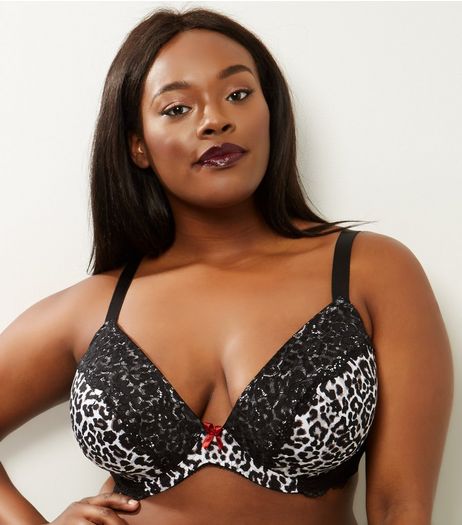 Curves Black Animal Print Lace Trim Plunge Bra | New Look