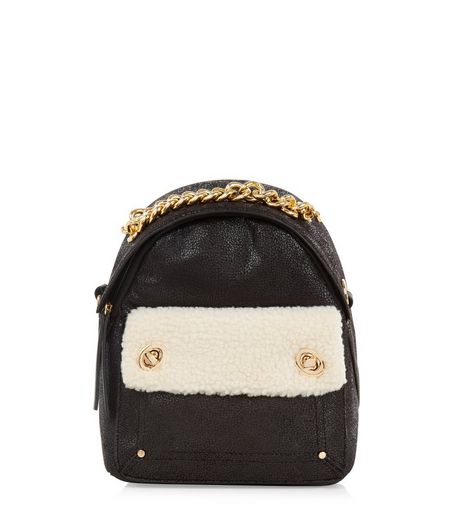Black Gold Chain Shearling Mini Backpack | New Look