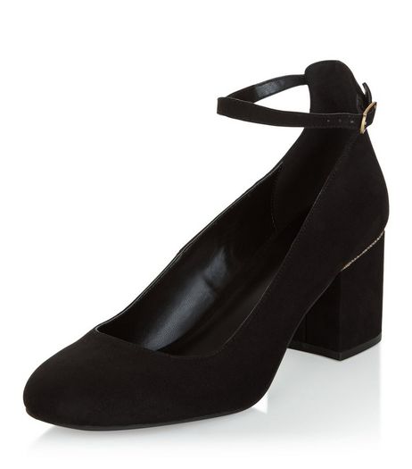 Black Diamante Trim Suedette Ankle Strap Block Heels | New Look