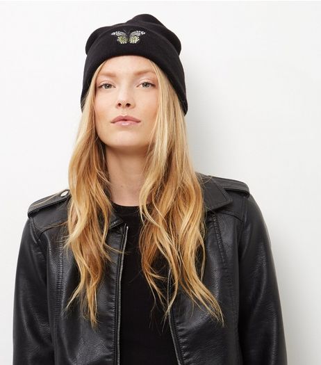 Black Butterfly Beanie Hat | New Look