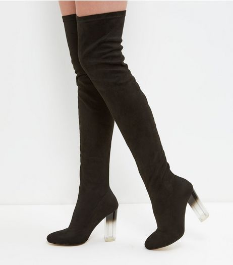 Black Clear Heeled Thigh Boots | New Look