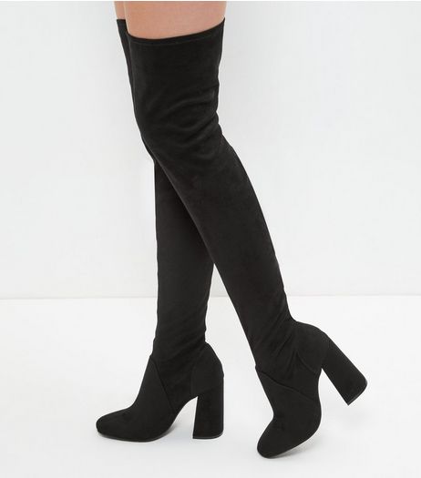 Black Suedette Flared Heel Over The Knee Boots | New Look