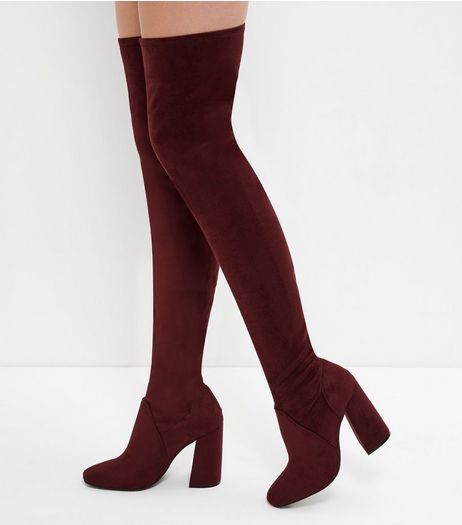 Dark Red Suedette Flared Heel Over The Knee Boots | New Look