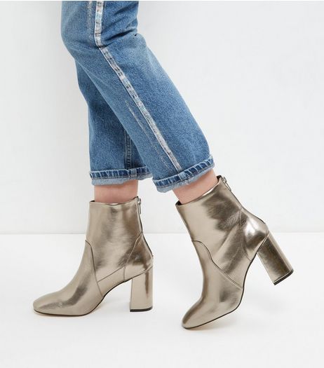 Pewter Back Zip Block Heel Boots | New Look