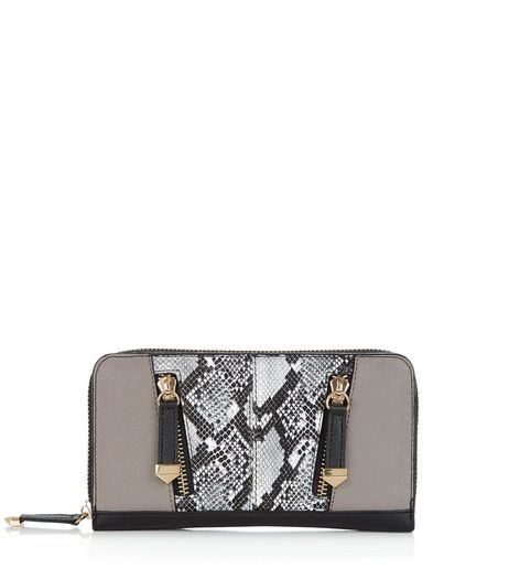Black Snakeskin Panel Zip Purse | New Look