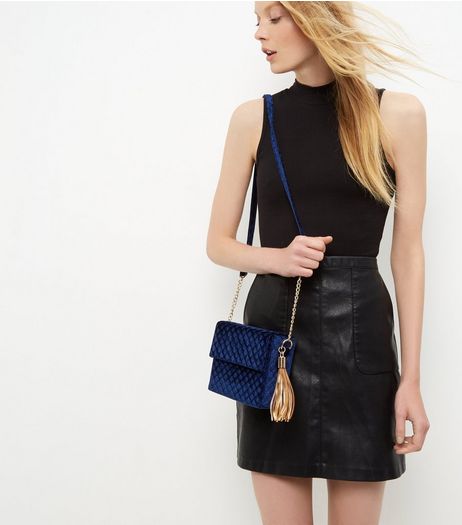 Navy Velvet Quilted Tassle Shoulder Bag | New Look