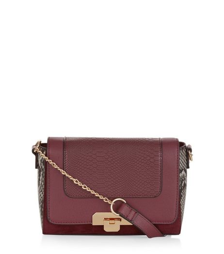 Burgundy Snakeskin Print Panel Across Body Bag | New Look