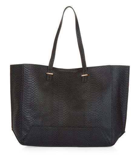 Black Snakeskin Textured Shopper Bag | New Look