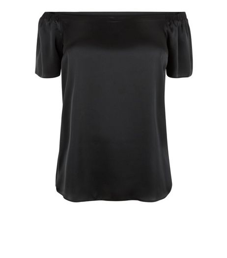 Curves Black Sateen Bardot Neck Top | New Look
