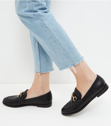 Black Leather-Look Metal Trim Loafers | New Look