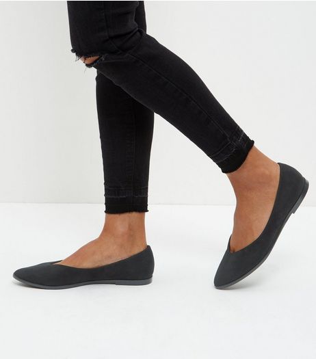 Black Suedette V Throat Pointed Pumps | New Look