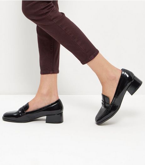 Black Patent Block Heel Loafers | New Look