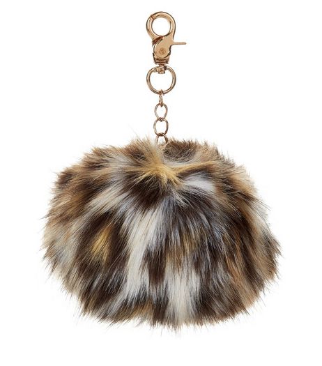 Brown Leopard Print Faux Fur Pom Pom Keyring | New Look