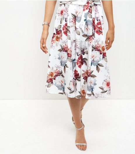 White Floral Print Tie Waist Midi Skater Skirt | New Look