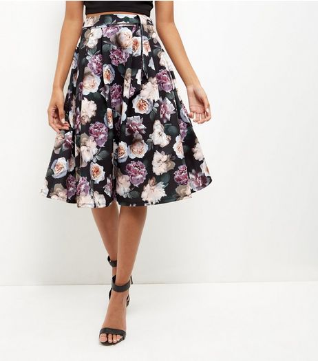 Black Floral Print Midi Skater Skirt | New Look