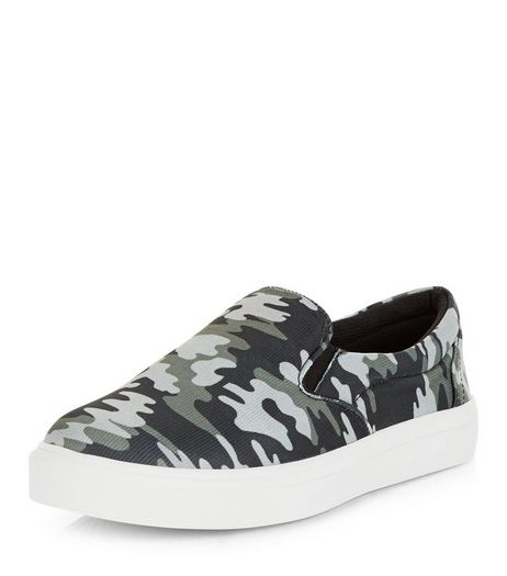 Green Camo Print Slip On Plimsolls | New Look