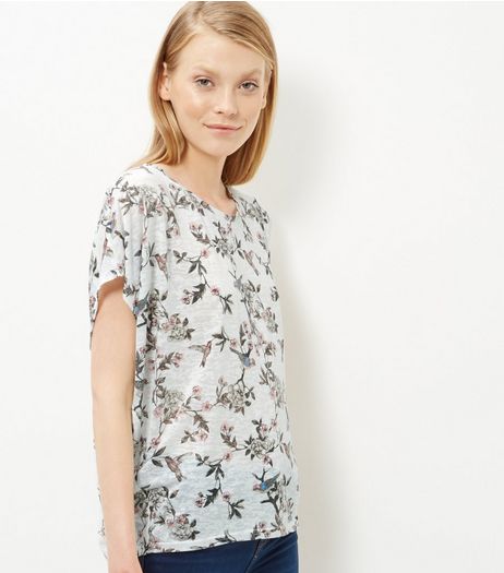 Cream Bird Floral Print Cocoon T-Shirt | New Look