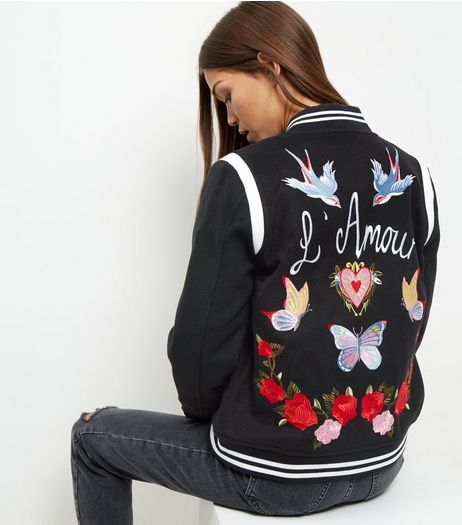 Black Lamour Embroiderd Bomber Jacket | New Look