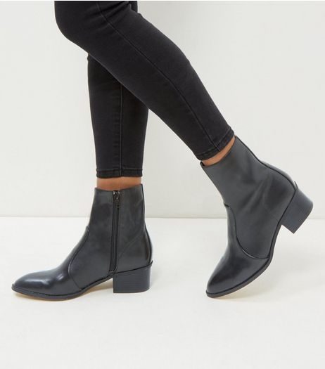 Black Leather High Ankle Pointed Boots | New Look