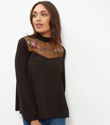Black Sheer Embroidered Panel Long Sleeve Blouse | New Look