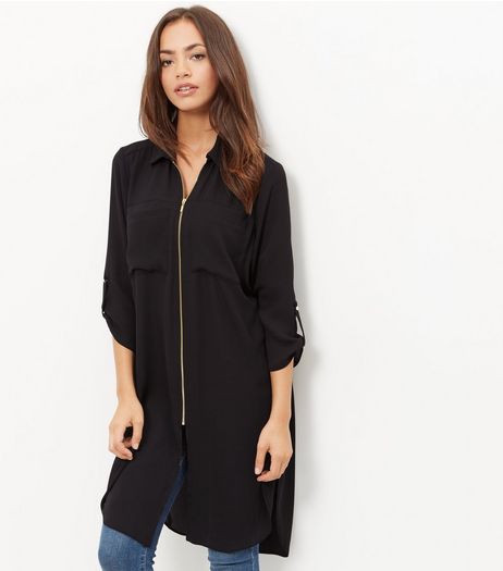 Black Zip Front Longline Shirt | New Look