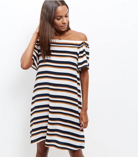 Cream Stripe Bardot Neck Midi Dress | New Look