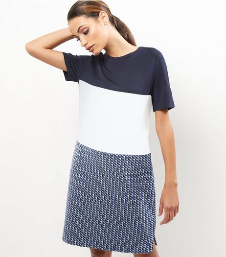 Blue Colour Block Jacquard Texture Tunic Dress | New Look
