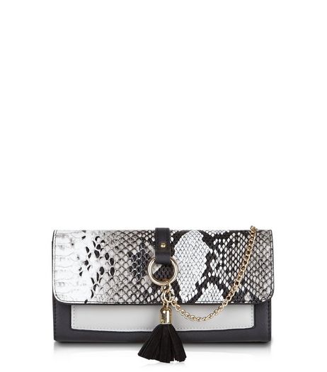 Black Snakeskin Textured Chain And Tassel Purse | New Look