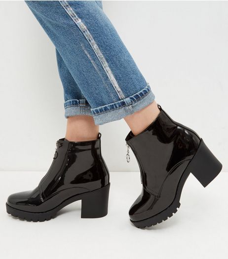 Black Patent Front Zip Chunky Ankle Boots | New Look