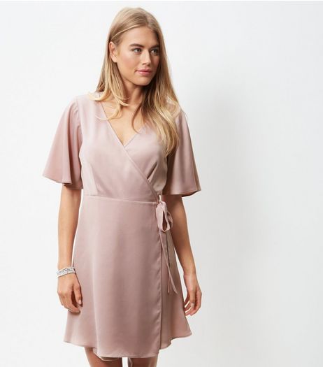 Pink Sateen Flutter Sleeve Wrap Dress | New Look