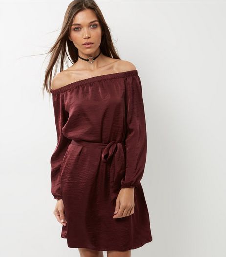 Burgundy Sateen Bardot Neck Belted Dress | New Look