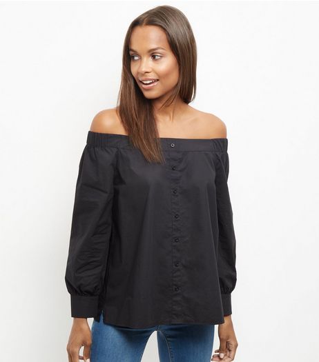 Black Bardot Neck Long Sleeve Shirt | New Look