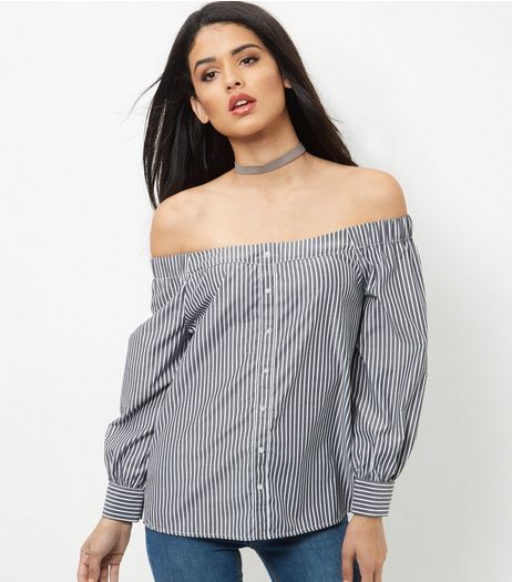 Black Stripe Bardot Neck Shirt | New Look