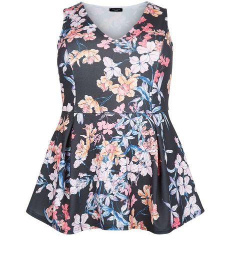 Curves Black Floral Print Peplum Top | New Look