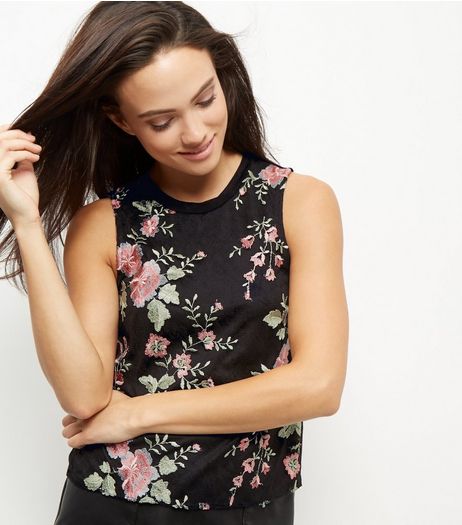 Black Floral Embroidered Ribbed Vest | New Look