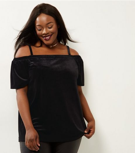 Curves Black Velvet Bardot Top | New Look