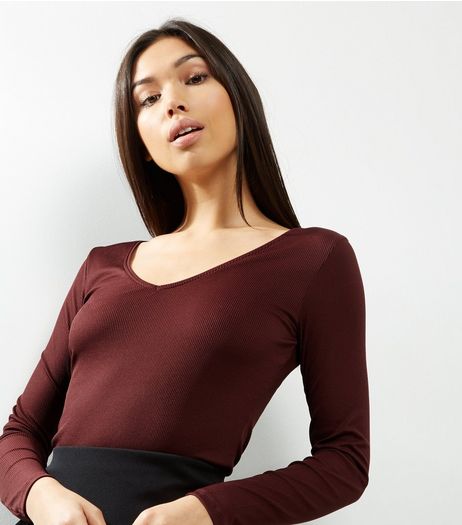 Burgundy Ribbed V Neck Top | New Look