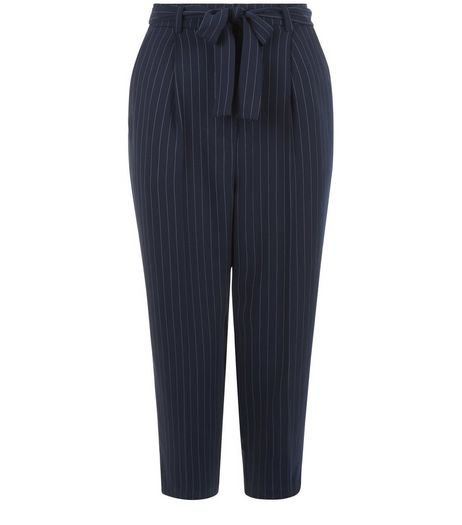 Petite Blue Pinstripe Belted Trousers | New Look