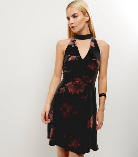 Black Floral Print Choker Neck Skater Dress | New Look