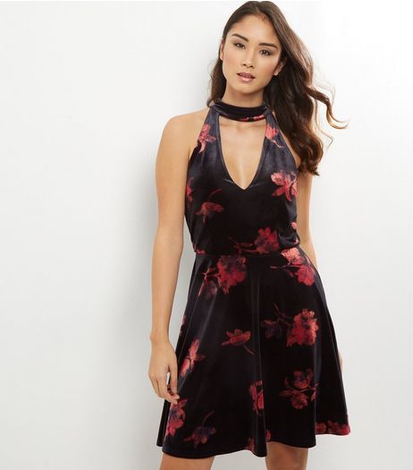 Tall Black Floral Print Velvet Skater Dress | New Look