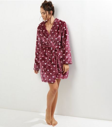 Red Heart Print Hood Robe | New Look