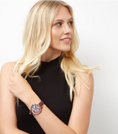 Burgundy Abstract Print Watch | New Look